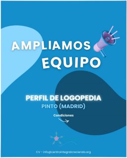 📣AMPLIAMOS EQUIPO | PERFIL DE LOGOPEDIA | PINTO (MADRID)
En Centro Integral Creciendo ampliamos equipo y buscamos LOGOPEDA para trabajar con niños con diversidad funcional en un entorno interdisciplinar y colaborativo.
✔️Contrato fijo
✔️33 h semanales (con aumento progresivo hasta 38,5 h)
✔️Horario de tarde (desde el mediodía)
✔️Salario según convenio + plus del centro
✔️Formación y crecimiento profesional
✔️Muy buen ambiente de trabajo

📍Pinto
🔗www.centrointegralcreciendo.org

📩Enviar CV a info@centrointegralcreciendo.org

📞645 530 344 / 608 694 289